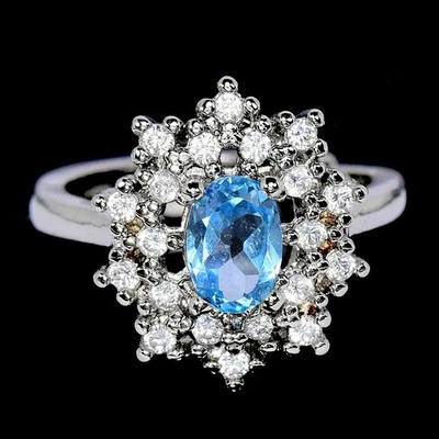 GENUINE AAA SWISS BLUE TOPAZ & WHITE CZ STERLING 925 SILVER RING SIZE 6-6.5 - Image 1 of 4