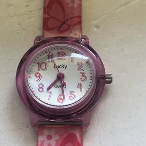 Girls Lucky Pink Round Case Silicone Butterfly Band Watch 7 Inch - Picture 1 of 7