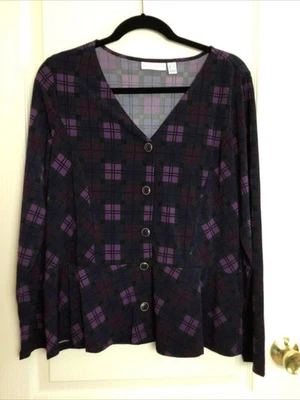 Blusa Susan Graver Tejida Líquida Púrpura Ciruela Cuadros Peplum Botón Frontal L Foto 1 de 4