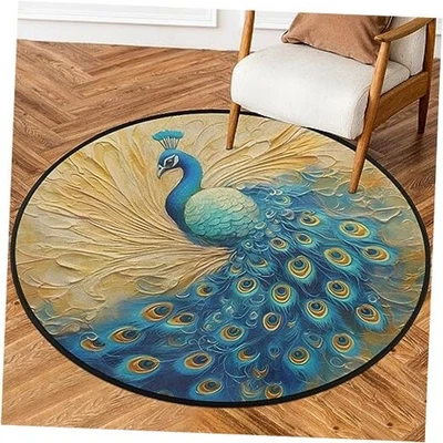 Круглый небольшой ковер с узором павлина, окрашенный животными нескользящий круглый ковер для спальни  - Изображение 1 из 4