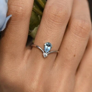 925 Silver Teardrop Aquamarine Engagement Ring, Contour Wedding Dainty Band, - Picture 1 of 6