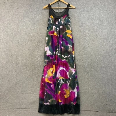 Vestido Bebe de Seda para Mujer XS Multicolor Floral Sin Mangas Midi Cinturón Forrado 49118 Foto 1 de 4