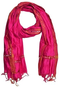 Women & Silk Mirror Work Heavy Dupatta Chunni with Geecha Border Stole Pink - Picture 1 of 3