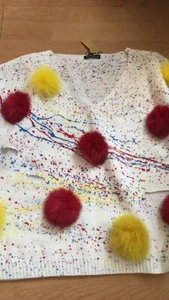 Ladies Sweater Size 8 (M) Real FOX FUR POM-POMS Multicolored HANDMADE Fashion - Picture 1 of 3
