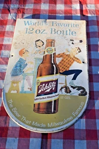 Botella de cerveza Schlitz 1958 12 oz pintada metal pub letrero música perro cantando piano hombre - Imagen 1 de 16