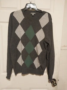 Apt 9 Cashmere Sweater Argyle Gray Green Mens Pullover V Neck- Size MEDIUM - Picture 1 of 5