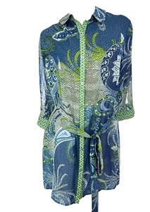 Blusa túnica transparente Susan Graver talla L azul, verde, amarillo con faja en la cintura manga 3/4 - Imagen 1 de 5