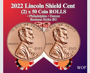2022 P & D LINCOL SHIELD CENT 2 ROLL SET 100 COINS GEM BU - Afbeelding 1 van 3