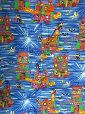 HOFFMAN Fabric " BOO!! "  Haunted Houses  Bats & Witches on BLUE VTG SBTY X 44" - Image 1 of 4