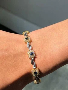 14k Two Tone Gold & Diamonds Blue Sapphire Halo Design Tennis Bracelet 7" L Gift - Picture 1 of 12