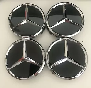 LOT 4 Cache Moyeu 75mm NOIR BRILLANT / Mercedes Logo Emblème Jante Centre Roue - Picture 1 of 2