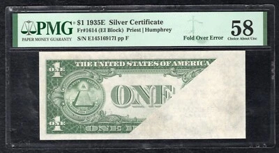 1935-E $1 SILVER CERTIFICATE “FOLD OVER ERROR” PMG ABOUT UNCIRCULATED-58 - Image 1 of 2