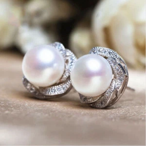 3.24Ct Created Pearls & Diamond Women Floral Stud Earrings 14K White Gold Finish - Picture 1 of 4