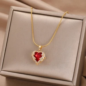 Women's Fashion Jewelry Gold Red Heart Cubic Zircon Pendant Necklace 456 - Picture 1 of 1