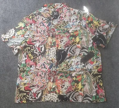 Camisa Hawaiana Ed Hardy Hombres Abotonada Arte Tigre Japonés Tatuaje Collage Talla XL Foto 1 de 4