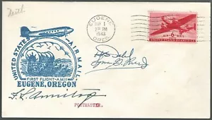 US First Flight Cover Eugene Oregon to Salem Signed by Both Pilots & PM 1943 - Picture 1 of 2