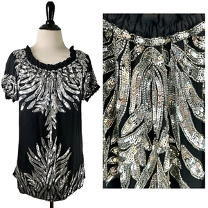 NAEEM KHAN Black Silver Sequin Knit TOP BLOUSE S Silk Sparkly Formal Party Shiny - Picture 1 of 20
