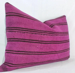 Decorative Turkish Kilim Lumbar Pillow 16x24 Purple Brown Kilim Sofa Cushion - Picture 1 of 9