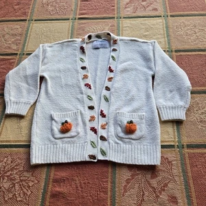 Vecchio cardigan panna marina riciclato ricamato a mano foglie e zucche taglia 18-24mts - Foto 1 di 12