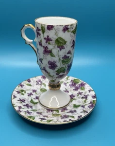 Vintage Demitasse Standfuß Teetasse & Untertasse lila Veilchen Goldrand Japan MV-061 - Bild 1 von 14