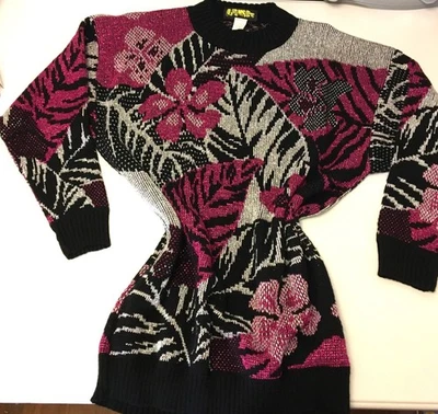 Vintage 80s Black Silver Pink Metallic Sweater Mob Wife Novelty Abstract  (T2) - Image 1 of 4