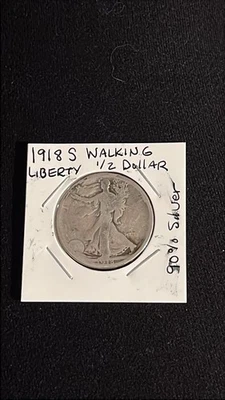 VTG 1918-S Liberty Walking One Half Dollar Coin 90% Silver VF - Image 1 of 4