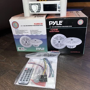 Receptor estéreo marino Pyle PLMRKT38W y 4 altavoces impermeables de 6,5” (blanco) - Imagen 1 de 6