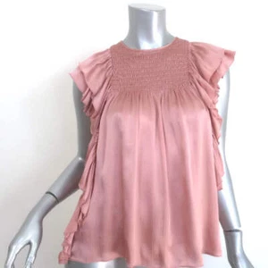 Ulla Johnson Winnie Smocked Top Rose Satin Size 0 Flutter Sleeve Blouse - Picture 1 of 8