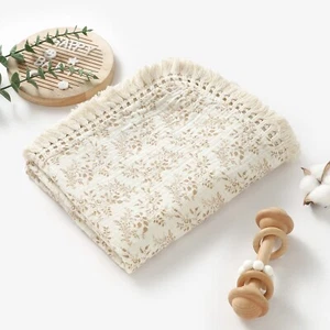 Neutral Blumen Bio Baumwolle Baby Mädchen Junge Musselin Quaste Decke Swaddle Geschenk - Bild 1 von 4
