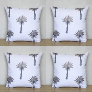 Silver & Gold Palm Tree 4 Pcs Indian Hand Block 16x16 Pillow Case Cushion Covers - Picture 1 of 6