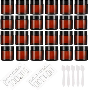 24 Pack 2oz Amber Glass Jars with Black Lids, Round Empty Containers for Scru... - Picture 1 of 5