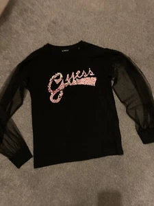 Girls Designer Guess Top Age 14..Black With Pink Sequins - Worn Once - Picture 1 of 3