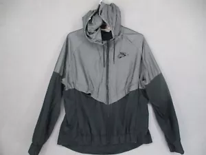 Nike Jacket Womens Medium Black Grey Windbreaker Hooded Full Zip Pockets Logo - Picture 1 of 19