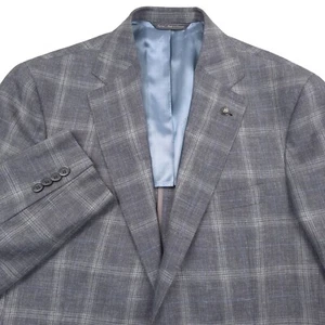 $848 Jack Victor Midland Gray & Blue Plaid Wool Sport Coat Blazer Mens Size 44L - Picture 1 of 14