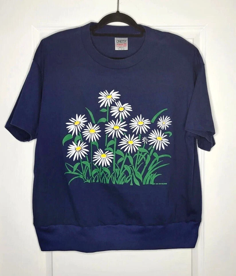 Camiseta Vintage Flor Margarita Azul Para Mujer XL Puntada Única Botánica Cuadrada EE. UU. 90s Foto 1 de 4