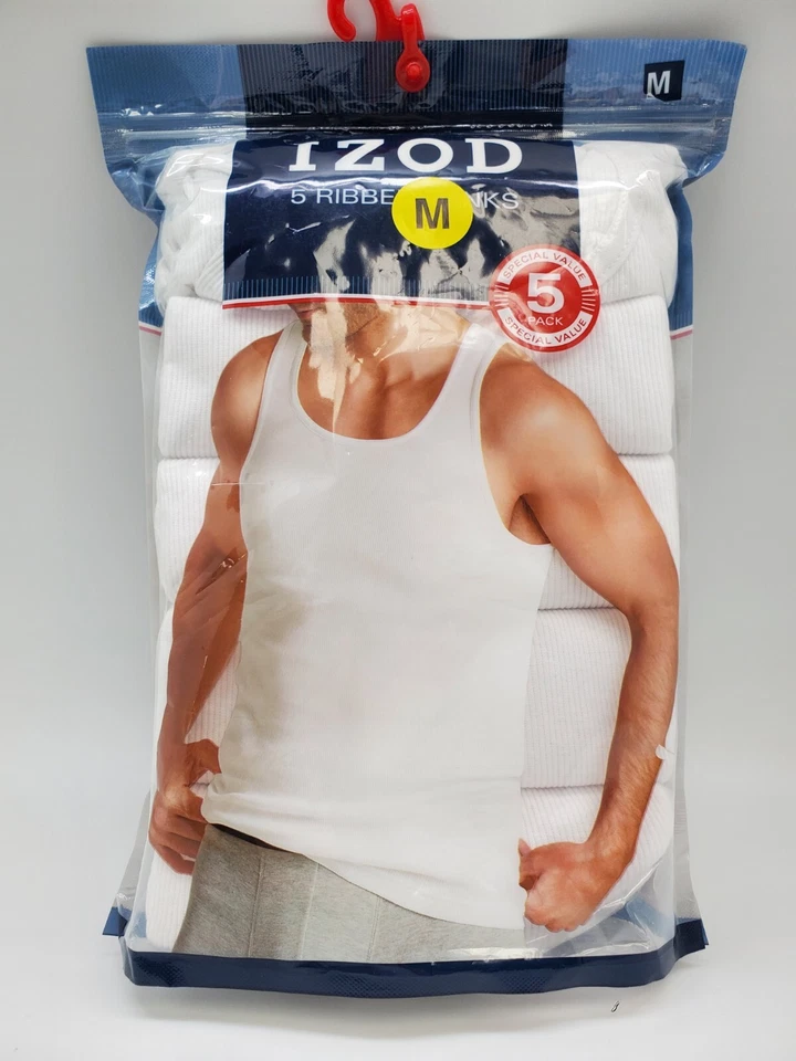 Camiseta IZOD masculina M L XL 5 pacotes algodão macio branco ajuste clássico sem etiquetas tanques com nervuras - Imagem 1 de 2