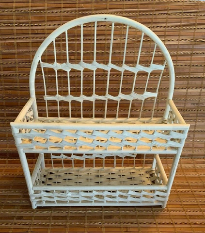 Vintage Rattan Wicker Wall Hanging Standing 2 Shelf White Philippines 20x15x6 Cover