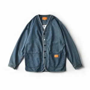 Japanese Harajuku Streetwear Denim Kimono Button Up Collarless Jacket 2 Pockets - Picture 1 of 22