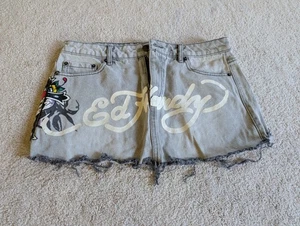 Women's Ed Hardy Denim Mini Skirt Size Large Signature Print y2k - Picture 1 of 17