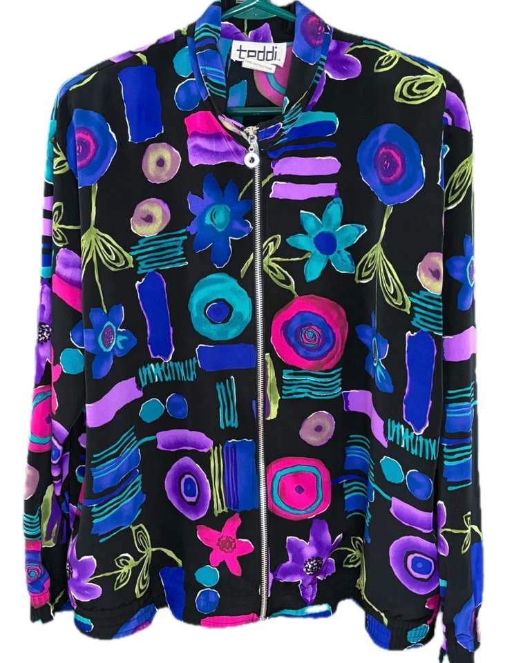 Jaqueta da moda vintage floral geométrica com zíper tamanho grande arte para usar colorida - Imagem 1 de 4