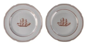 2 Spode W128 10in Scalloped Plate Trade Winds Ship Grand Turk. England Red 1.3lb - Picture 1 of 19