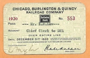 1920 Chicago Burlington and Quincy RR Pass for OVER ENTIRE LINE C Clerk to DFA - Picture 1 of 1