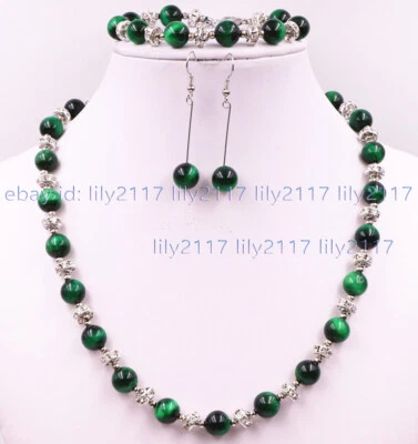 Juego de aretes collar de piedras preciosas ojos de tigre naturales verdes redondos de 8/10/12 mm Foto 1 de 4