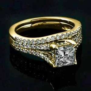 2Ct Princess Cut Moissanite Bridal Set Engagement Ring 14K Yellow Gold Plated - Picture 1 of 7