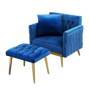 Artiss Armchair Ottoman Accent Chair Pillow Velvet Blue - Picture 1 of 7