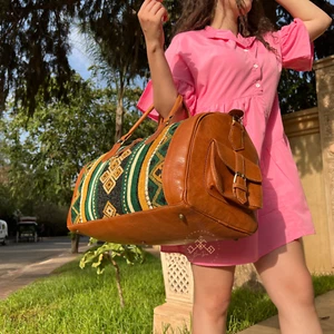 Moroccan Style Green Carpet Leather Weekender Bag - Handmade Travel leather bag - Bild 1 von 6
