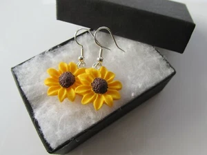 Handmade Yellow Sunflower Flower Pendant Earrings - Made in the UK - Gift Boxed - Picture 1 of 6