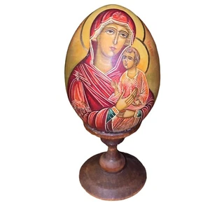 Russisches handbemaltes & signiertes Holzerei von Madonna & Kind auf Ständer katholisch - Bild 1 von 24