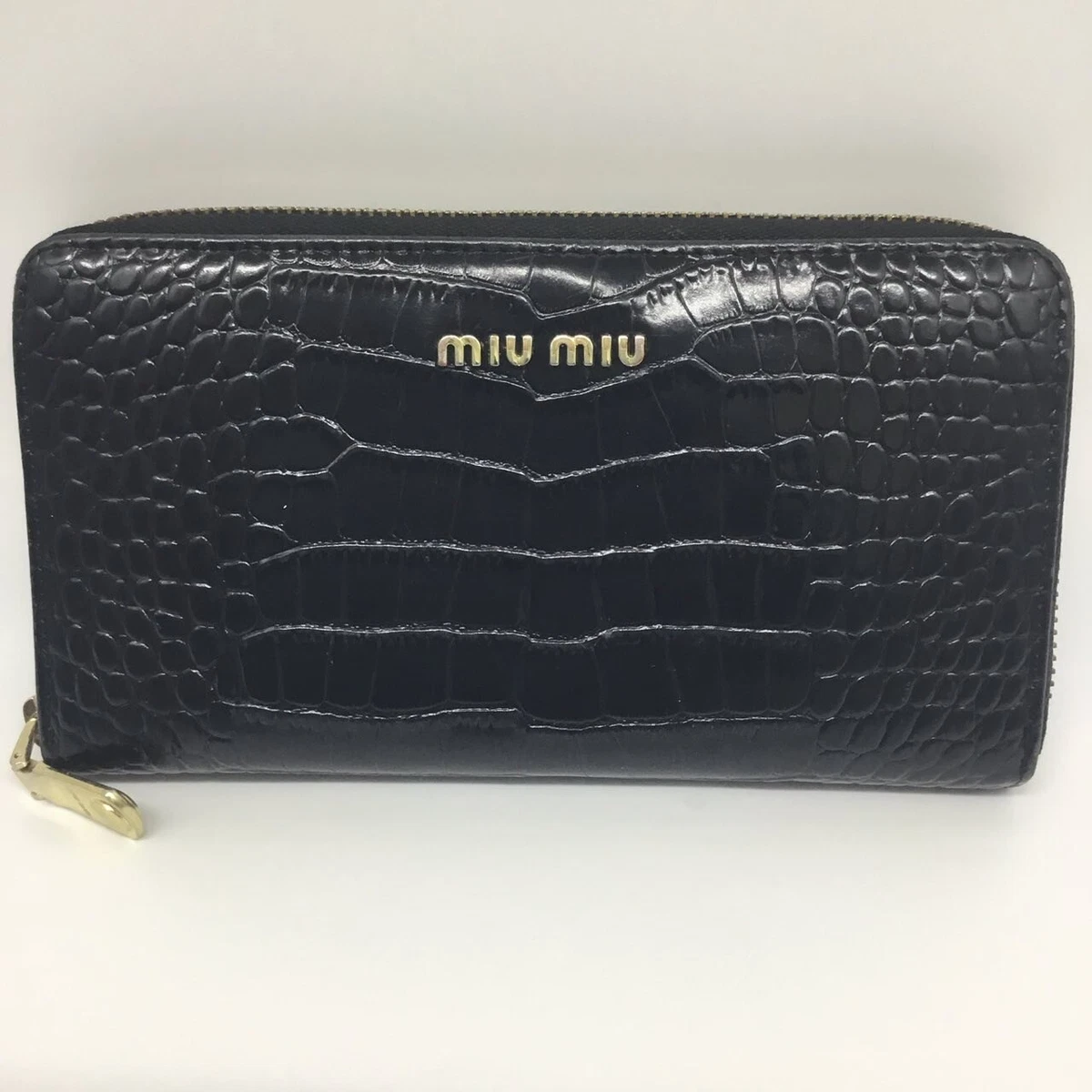 Auth MIU MIU Near Mint Mens Zippy Long Wallet w/ Gold Logo Leather
