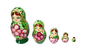 Wooden Russian Painted Nesting Dolls Lot Of 5 Green Floral 4"- 1/2" Bright Color - Picture 1 of 6